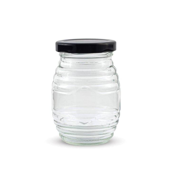 Paczka 12 szt słoiczków w prążki (180 ml) z nakrętkami czarnymi - wzór A85