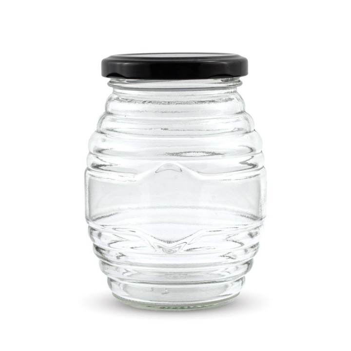 Paczka 6 szt słoiczków w prążki (380 ml) z nakrętkami czarnymi - wzór A86