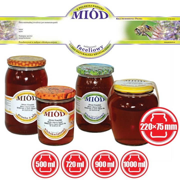 Paczka etykiet małych okrągłych na miód faceliowy (100szt) - wzór E512